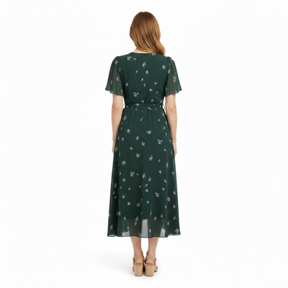 Women's Floral V-Neck Midi Dress with Short Flutter Sleeves and Empire Waist