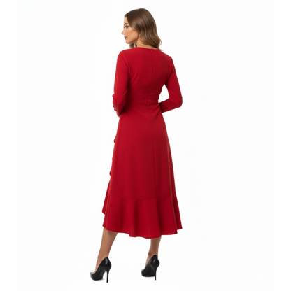 Elegant Women's V-Neck Midi Sheath Dress with Pleated Hem and Front Slit for Special Occasions