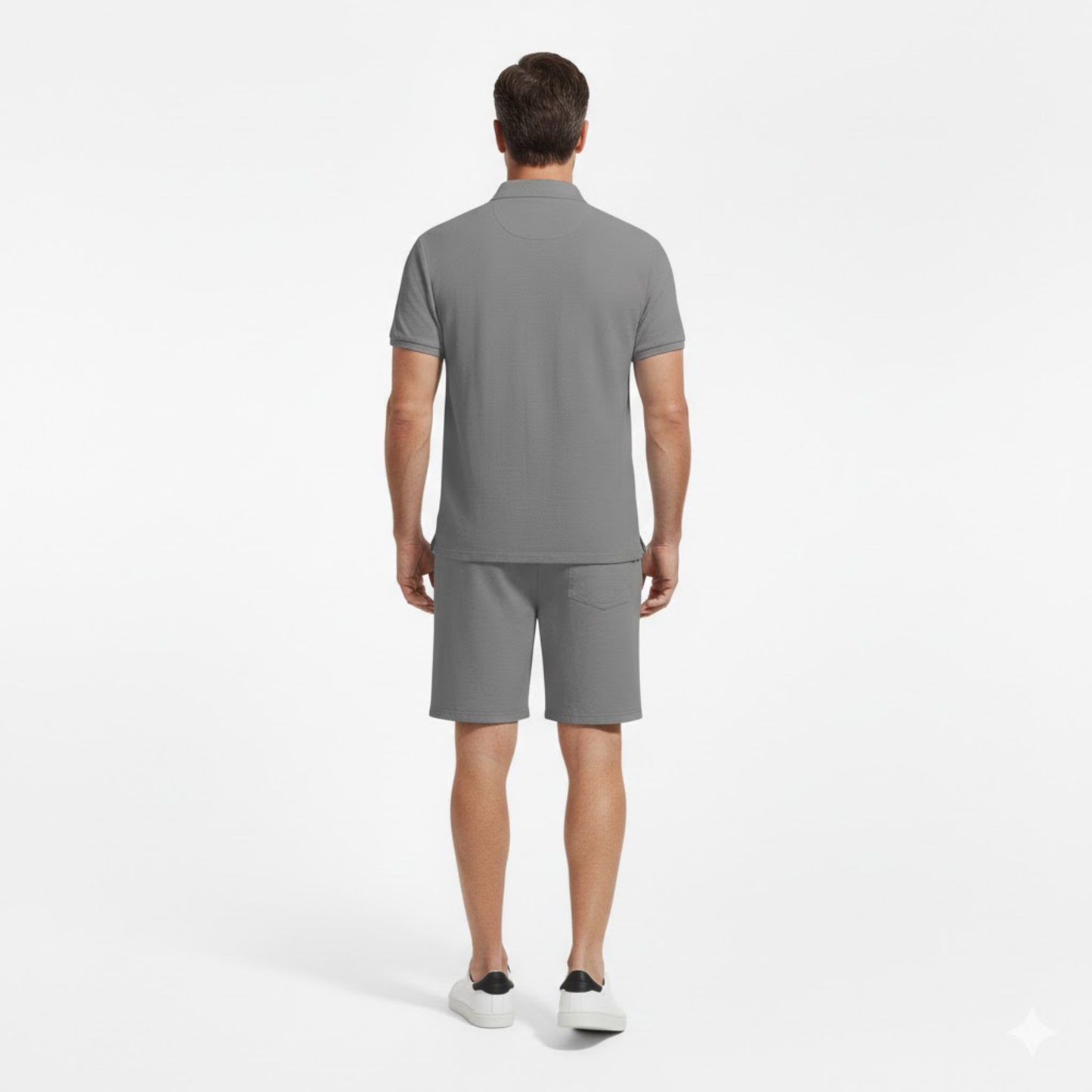Men's Casual Two-Piece Linen Outfit - Short Sleeve Polo Shirt with Drawstring Shorts