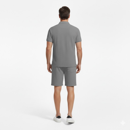 Men's Casual Two-Piece Linen Outfit - Short Sleeve Polo Shirt with Drawstring Shorts