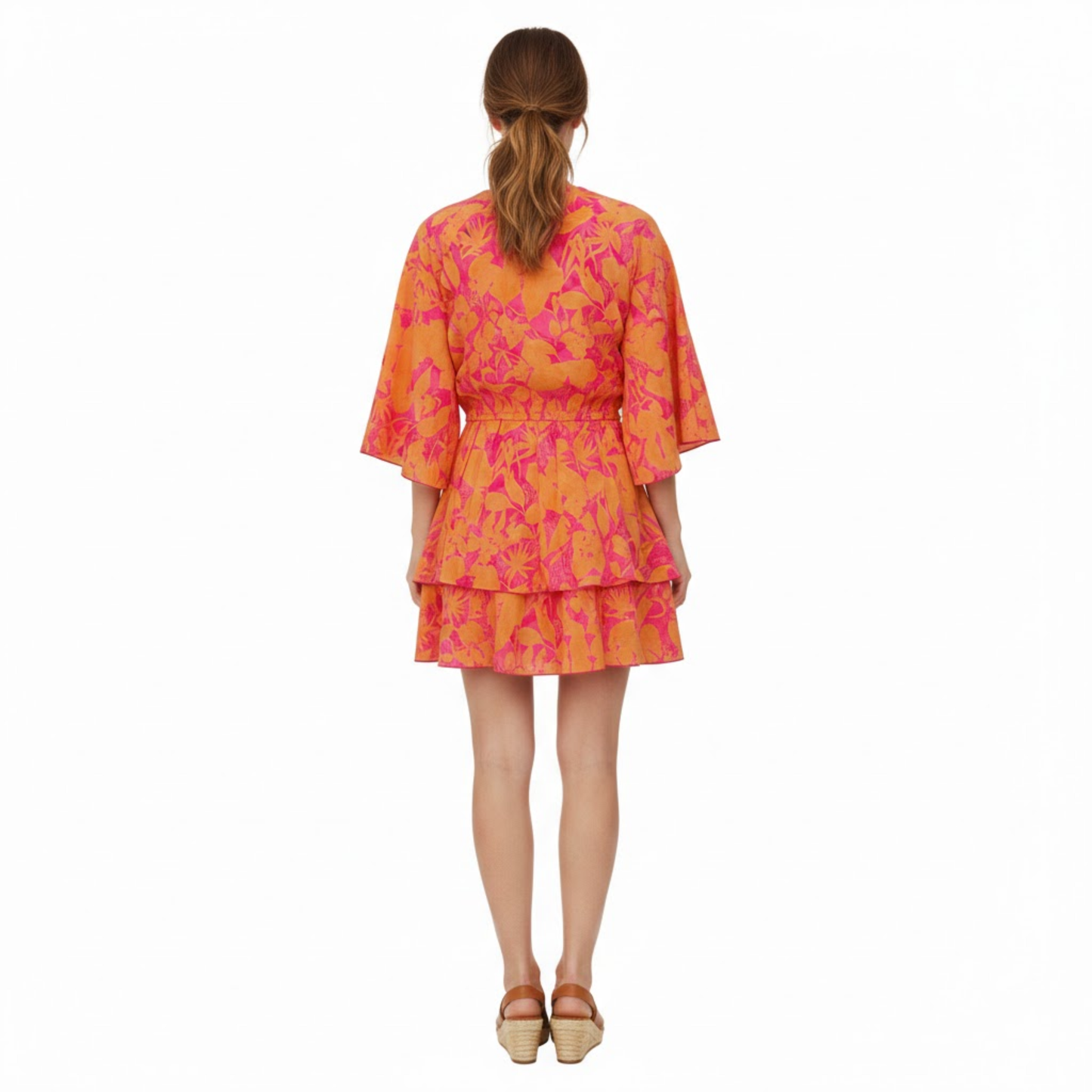 Boho V-Neck Floral Mini Dress with Batwing Sleeves and Ruffle Hem - Casual A-Line Gown