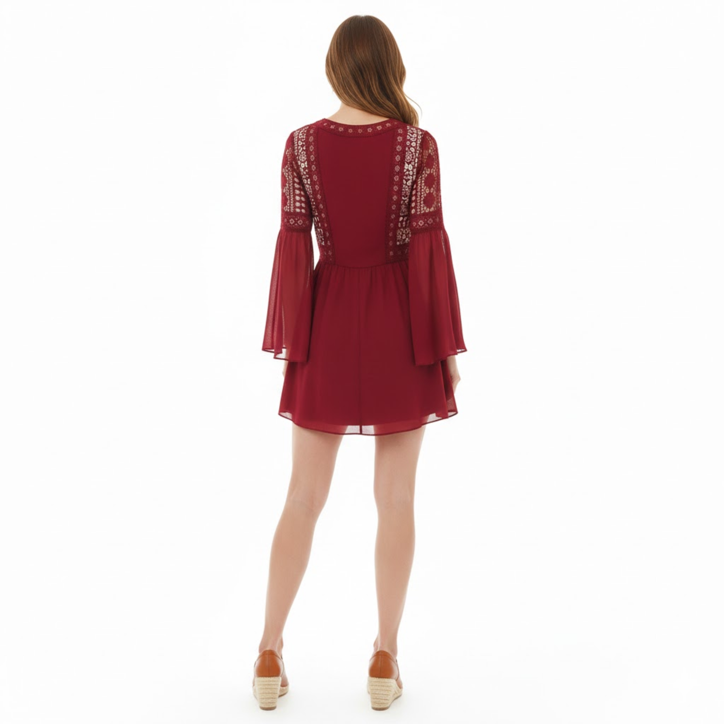 Embroidered Lace Flare Sleeve V-Neck Mini Dress with Hollow Out Design and Empire Waist