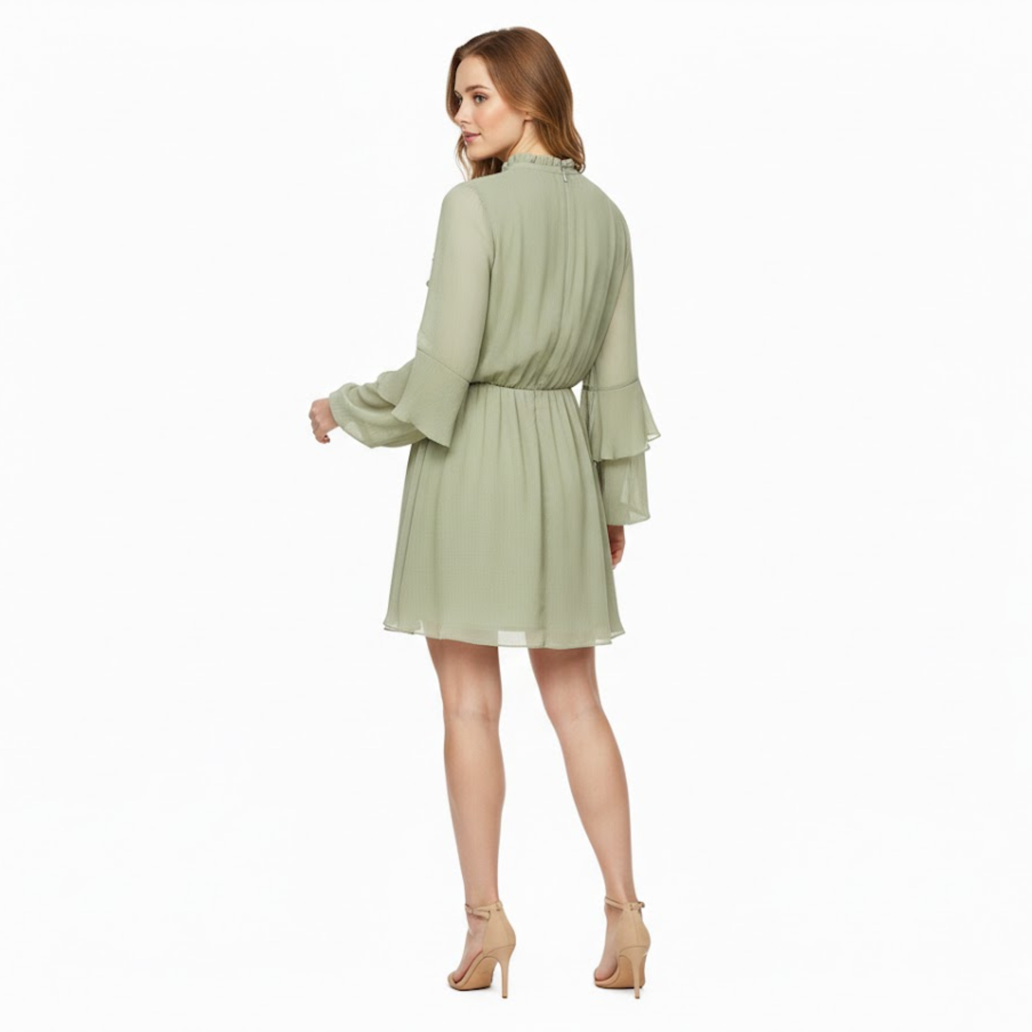 Chiffon Mini Dress with Pleated Ruffle Sleeves, O-Neck Empire Waist, A-Line Design for Parties