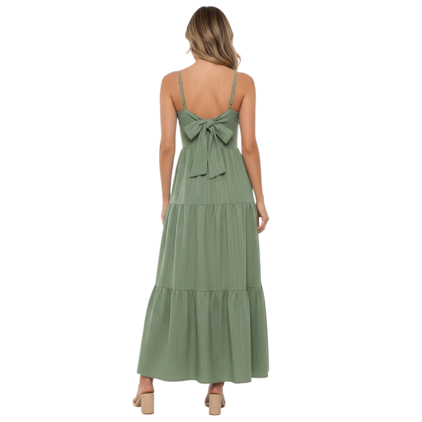 Backless Lace-Up Spaghetti Strap Maxi Dress - A-Line Tiered Ankle-Length Camisole Gown