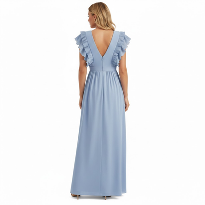 Elegant V-Neck Ankle-Length Maxi Dress with Pleated A-Line Skirt and Flowing Sleeves for Parties