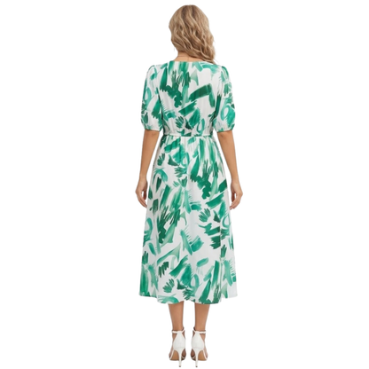 Floral Midi Dress for Women - V-Neck, Short Sleeve, Elastic High Waist, Cotton Blend Chiffon