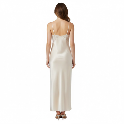 Elegant Satin V-Neck Maxi Slip Dress with Lace Patchwork and Sleeveless Backless Style