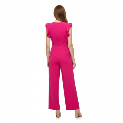 Women's High Waist Ankle-Length Jumpsuit with Flutter Sleeves and Sash - Wide Leg Romper