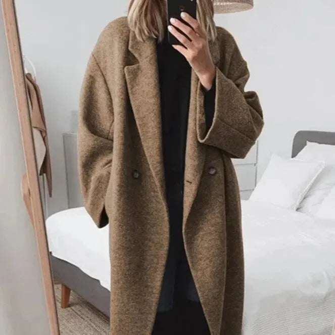 Women's Stylish Long Winter Coat with Notch Lapel and Single-Button Closure