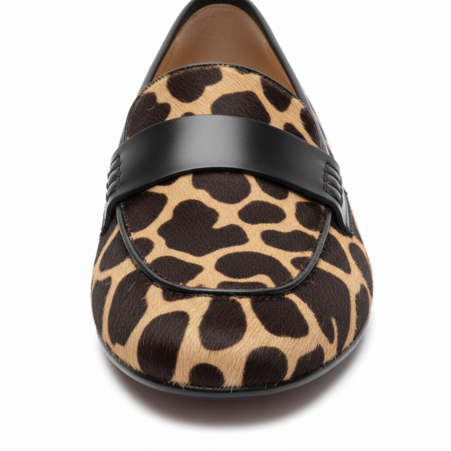 Women's Giraffe Print Goat Leather Slip-On Round Toe Loafers with Flat Sole