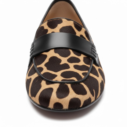 Women's Giraffe Print Goat Leather Slip-On Round Toe Loafers with Flat Sole