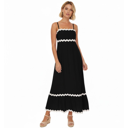 Women's Sleeveless Spaghetti Strap Maxi Dress with Contrast Trim and Ruffle Detail - Long Sundress for Summer