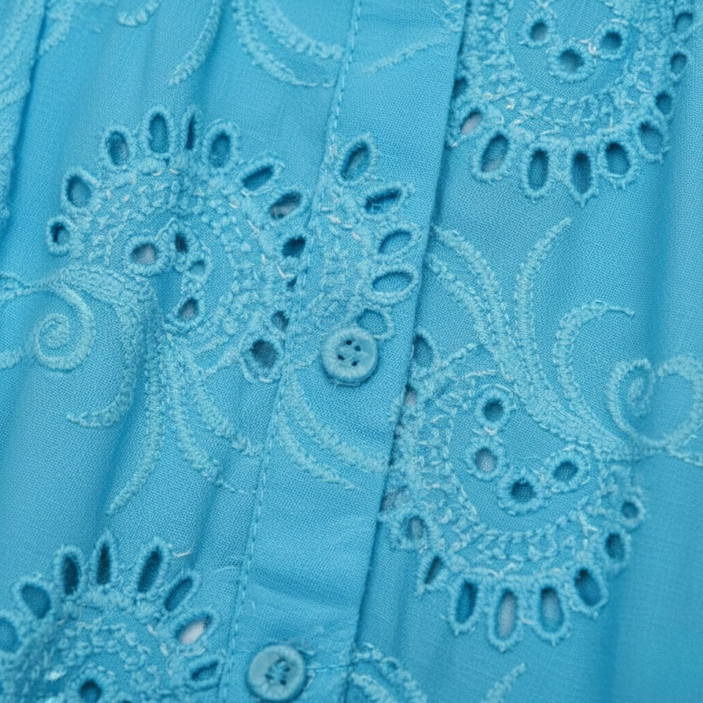 V-Neck Eyelet Cotton Mini Dress with Flare Sleeves, Hollow Out Design, Button Front, and Tiered Skirt