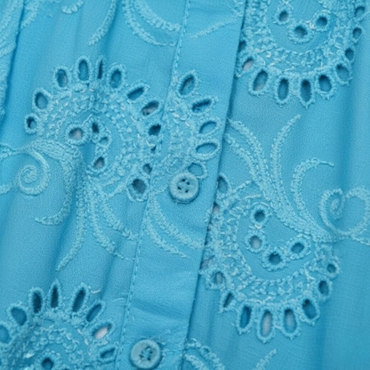 V-Neck Eyelet Cotton Mini Dress with Flare Sleeves, Hollow Out Design, Button Front, and Tiered Skirt