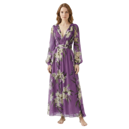 Floral Maxi Dress for Women - Long Sleeve V-Neck High Waist Evening Gown