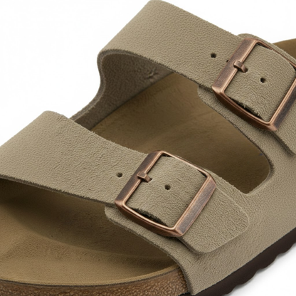 Comfortable Adjustable Buckle Strap Cow Suede Sandals with Cork Footbed and Flat Heel