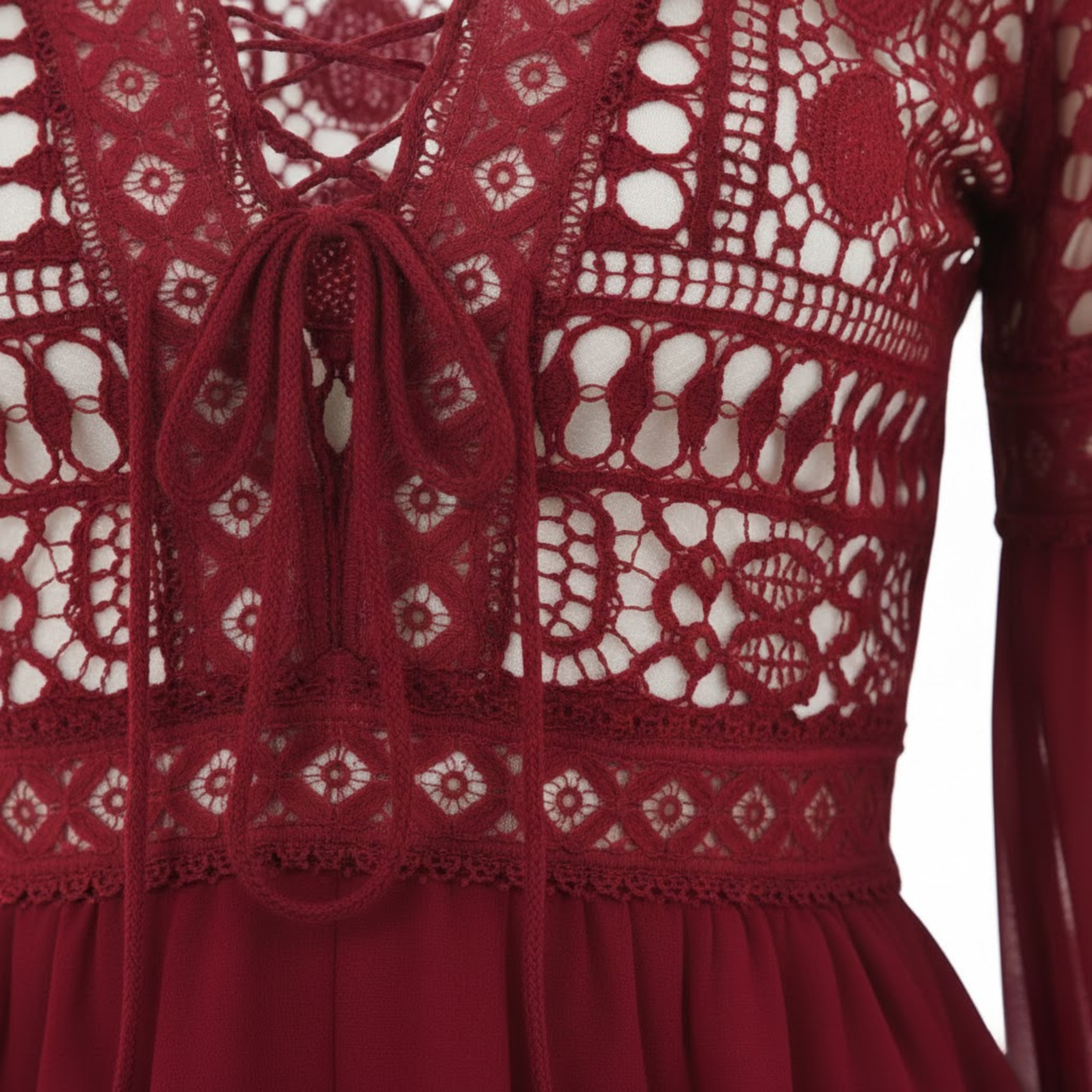 Embroidered Lace Flare Sleeve V-Neck Mini Dress with Hollow Out Design and Empire Waist