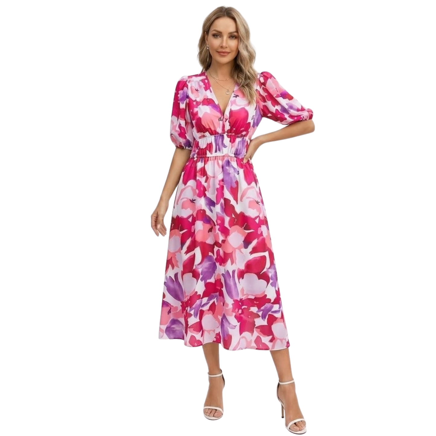 Floral Midi Dress for Women - V-Neck, Short Sleeve, Elastic High Waist, Cotton Blend Chiffon