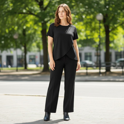Women's Casual Two-Piece Set with Asymmetrical Split Top and Wide Leg Pants