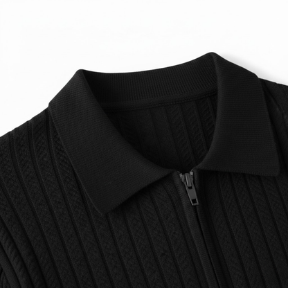 Men's Slim Fit Short Sleeve Knitted Polo Shirt with Half-Zip - Textured Casual Tee