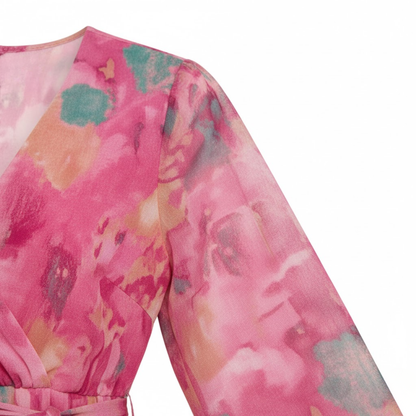 Bohemian Floral V-Neck Maxi Dress with Long Sleeves, Tiered A-Line Design, High Waist and Belted Style