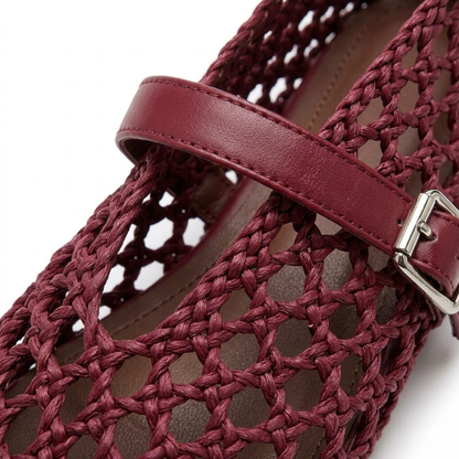 Women's Microfiber Ballet Flats - Woven Hollow Round Toe Sandals with Buckle Strap