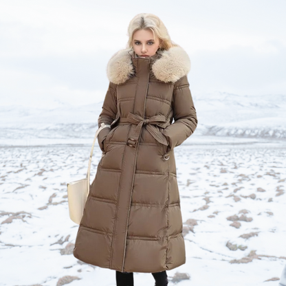Women's Winter Padded Parka with Adjustable Drawstring Waist and Removable Fluffy Hood