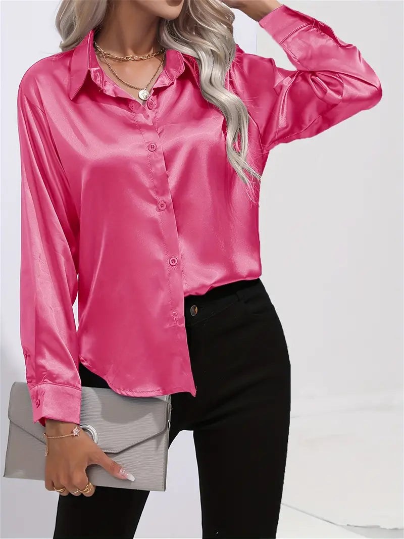 Celia - Luxe satin silk top with long sleeves and buttons