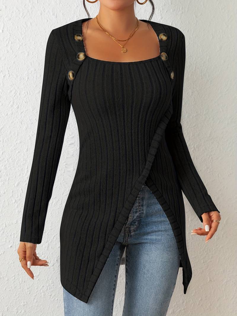 Catherine - Sweater with Square Neckline, Long Sleeves and Side Slits