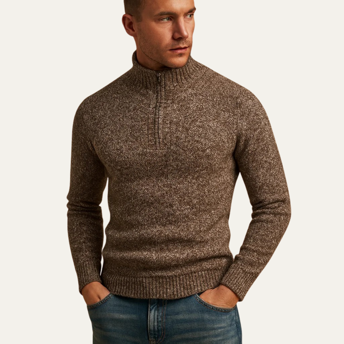 Men's Tailored Fit Quarter Zip Knit Sweater with Ribbed Detailing