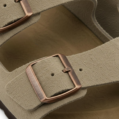 Comfortable Adjustable Buckle Strap Cow Suede Sandals with Cork Footbed and Flat Heel
