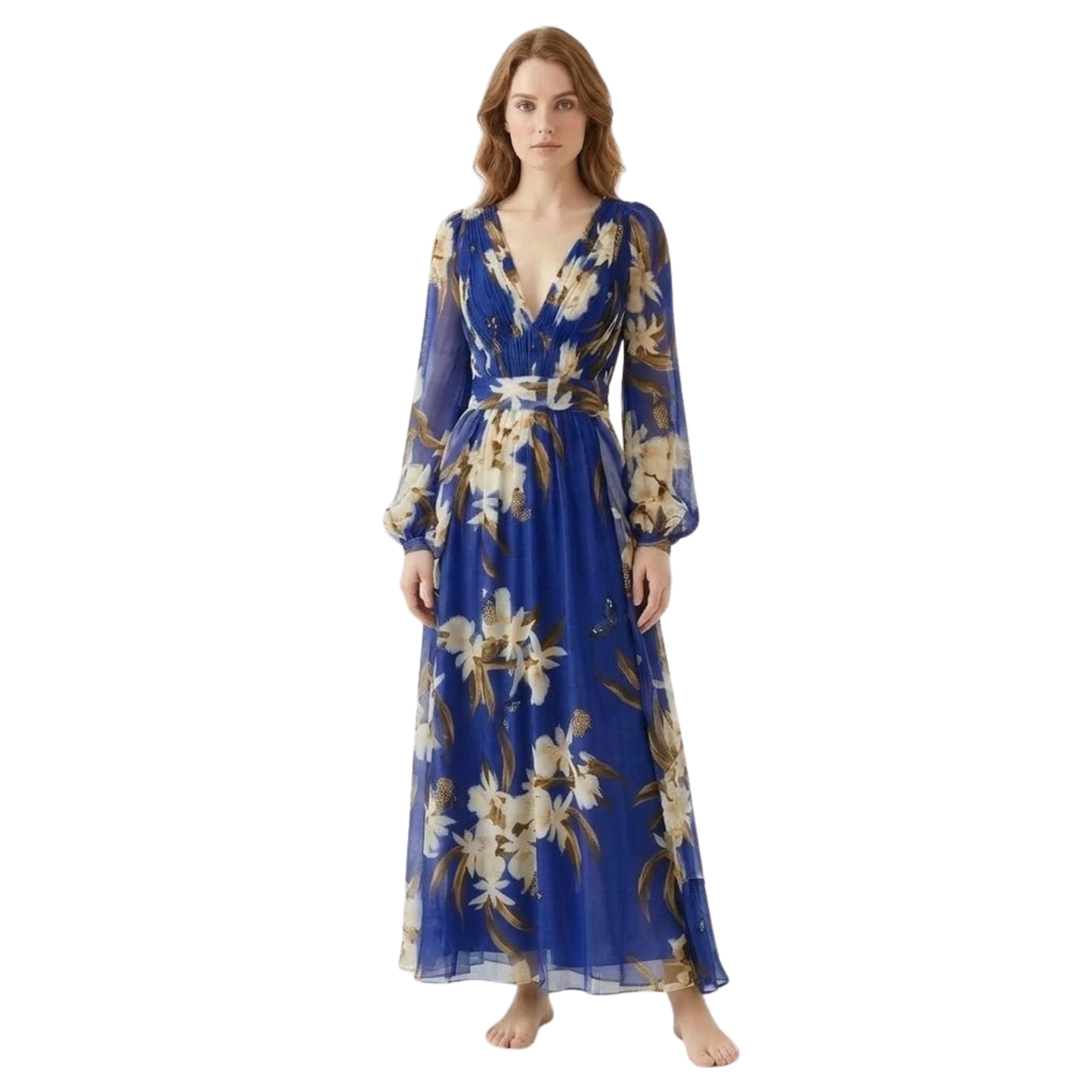 Floral Maxi Dress for Women - Long Sleeve V-Neck High Waist Evening Gown