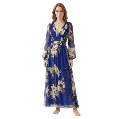 Floral Maxi Dress for Women - Long Sleeve V-Neck High Waist Evening Gown