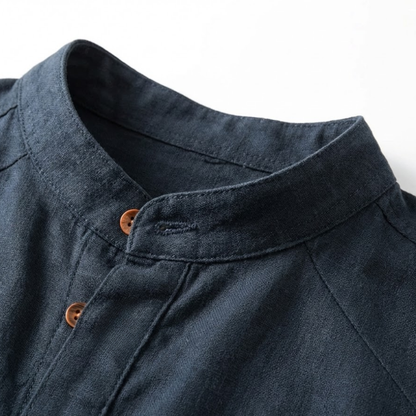 Men's Slim Fit Long Sleeve Cotton Linen Shirt with Stand Collar - Casual Button Down Top