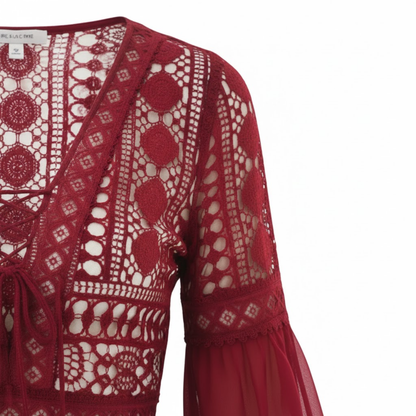 Embroidered Lace Flare Sleeve V-Neck Mini Dress with Hollow Out Design and Empire Waist