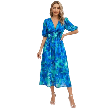 Floral Midi Dress for Women - V-Neck, Short Sleeve, Elastic High Waist, Cotton Blend Chiffon
