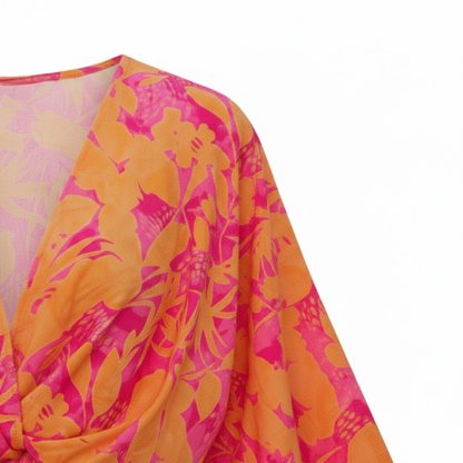 Boho V-Neck Floral Mini Dress with Batwing Sleeves and Ruffle Hem - Casual A-Line Gown