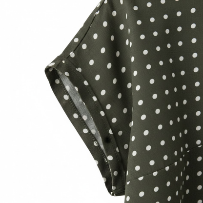 Women's Short Sleeve Polka Dot Blouse - Loose Fit Cotton Linen Shirt with Pleated Collar