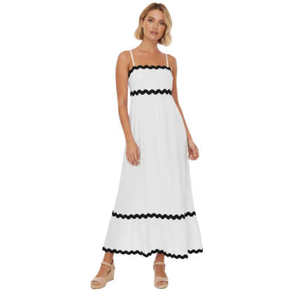Women's Sleeveless Spaghetti Strap Maxi Dress with Contrast Trim and Ruffle Detail - Long Sundress for Summer