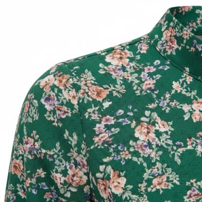 Floral Pleated A-Line Midi Dress with Long Sleeves, Stand Collar, and Waist Sash