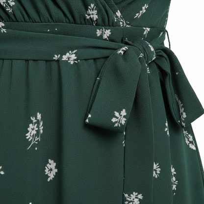 Women's Floral V-Neck Midi Dress with Short Flutter Sleeves and Empire Waist