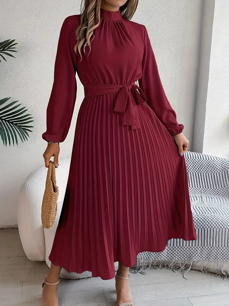 Elegant Women's Long-Sleeve Pleated Midi Dress with Adjustable Belted Waist