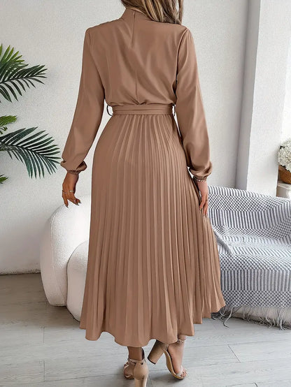Elegant Women's Long-Sleeve Pleated Midi Dress with Adjustable Belted Waist