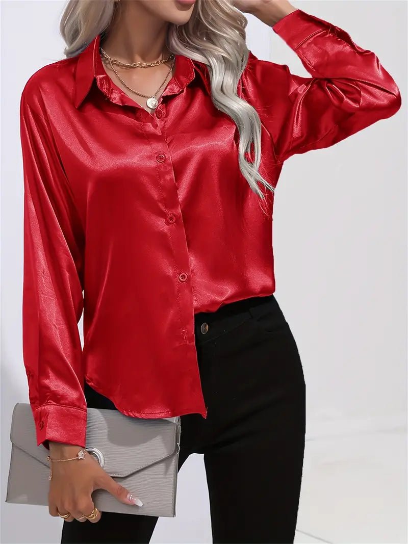 Celia - Luxe satin silk top with long sleeves and buttons