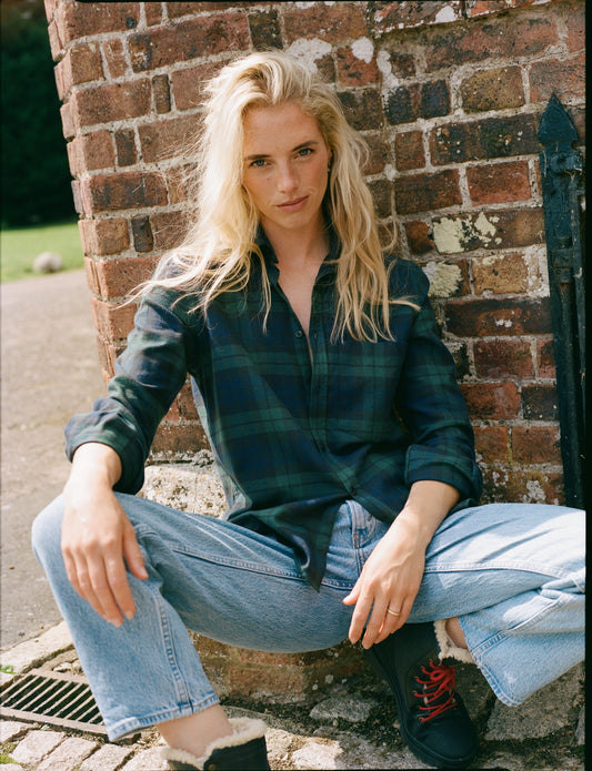 Women's Classic Fit Green Plaid Shirt - Soft Brushed Cotton and Merino Wool Blend