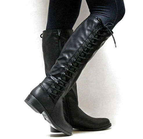 Stylish Women's Knee-High Lace-Up Boots with Low Heel and Side Zip Closure