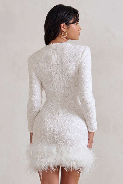Long Sleeve Women's Mini Dress with Feather Hem Detail - Stylish and Trendy Fashion