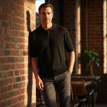 Men's Slim Fit Quick Dry Short Sleeve Ribbed Knit Polo Shirt for Golf and Casual Wear