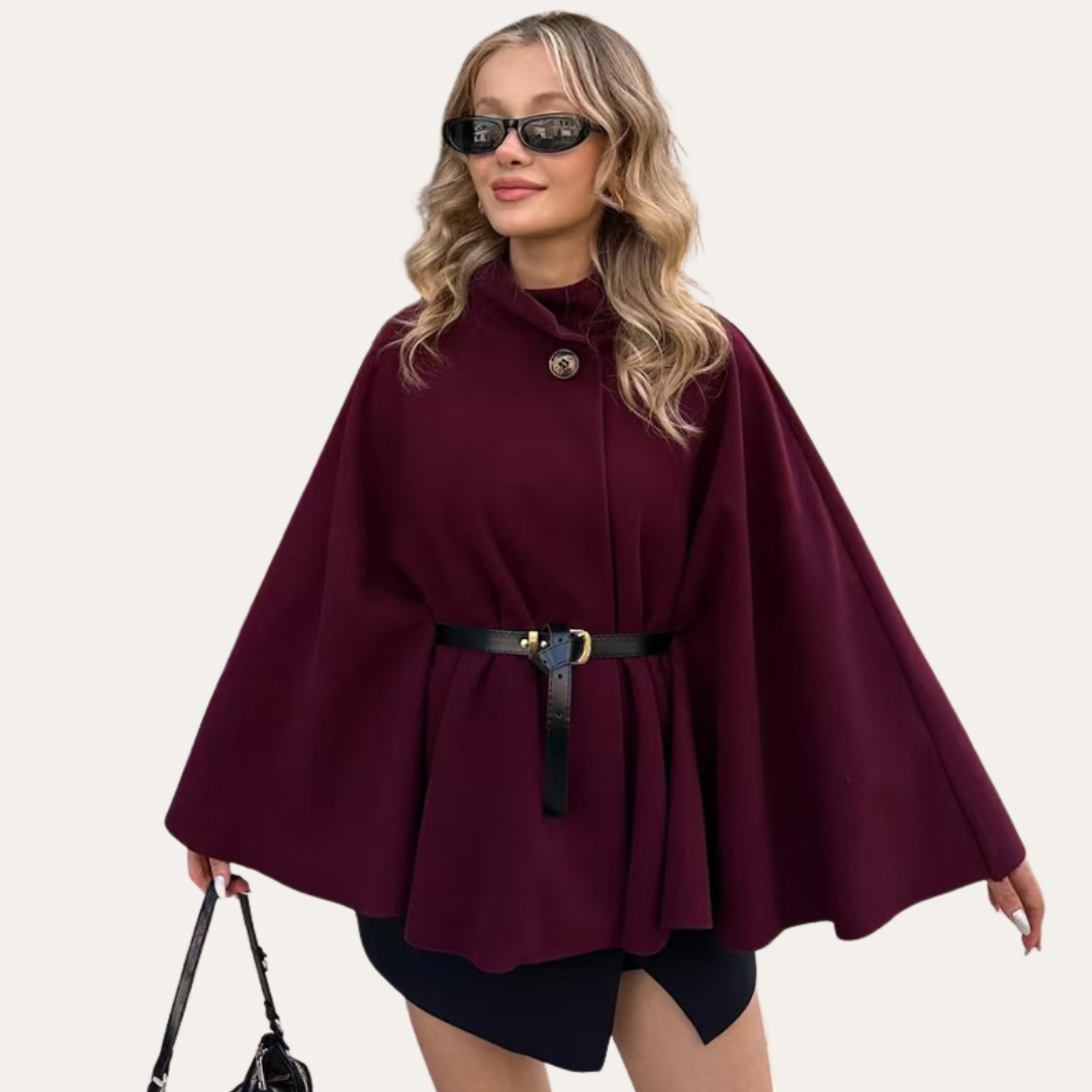 Women's High Neck Belted Cape Coat with Button Closure - Elegant Outerwear for Fall and Winter