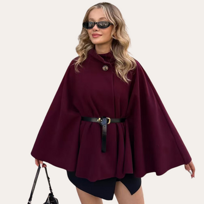 Women's High Neck Belted Cape Coat with Button Closure - Elegant Outerwear for Fall and Winter